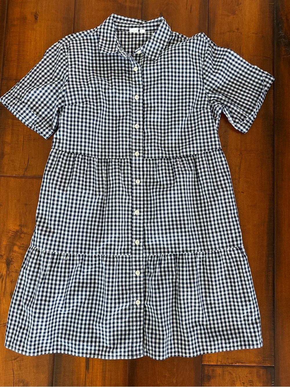 GAP Navy and White Gingham Button-Front Tiered Dress